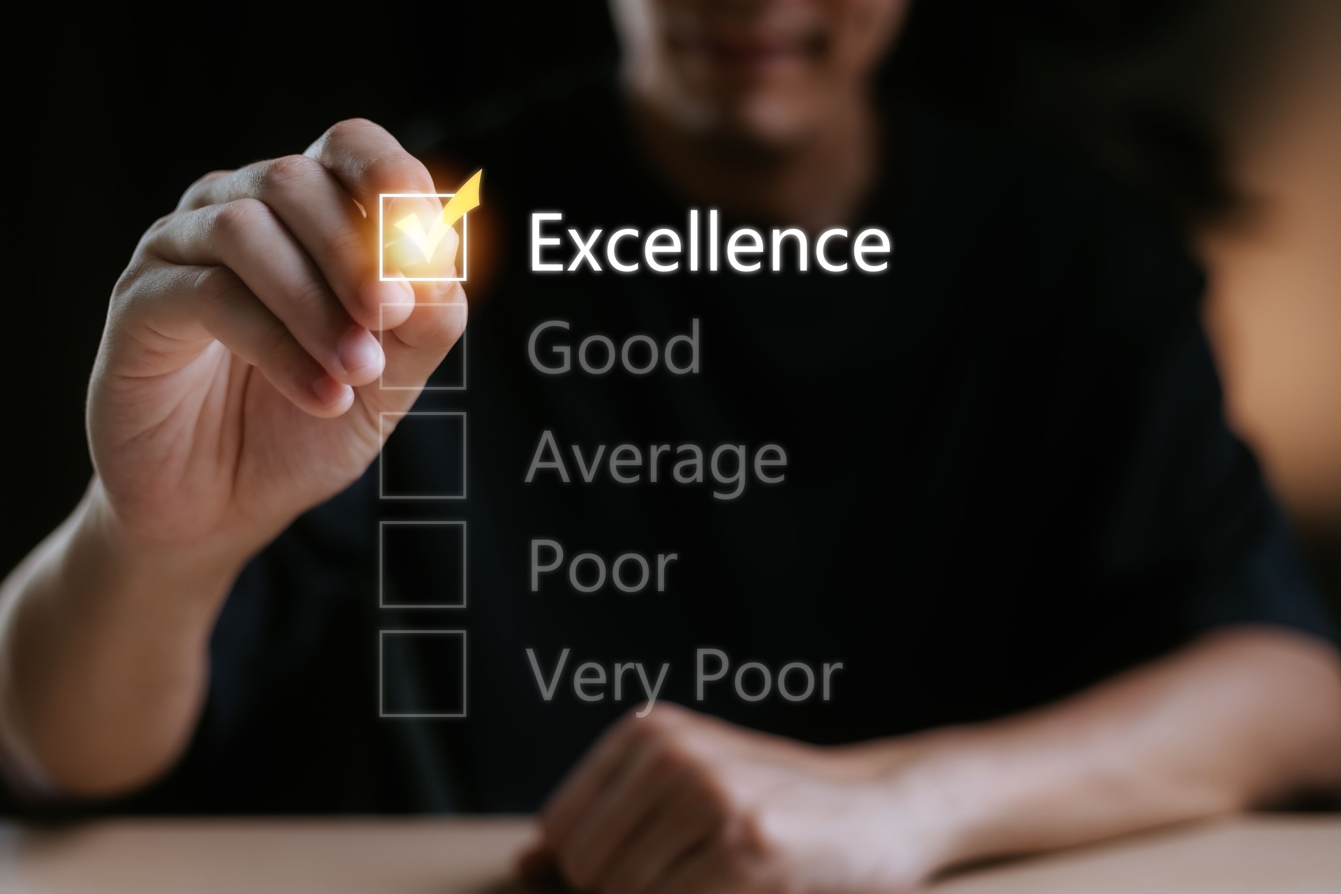 Businessman hand putting check mark a checkbox on excellent for a satisfaction survey, Customer service satisfaction survey, Excellent Customer Service Evaluation.